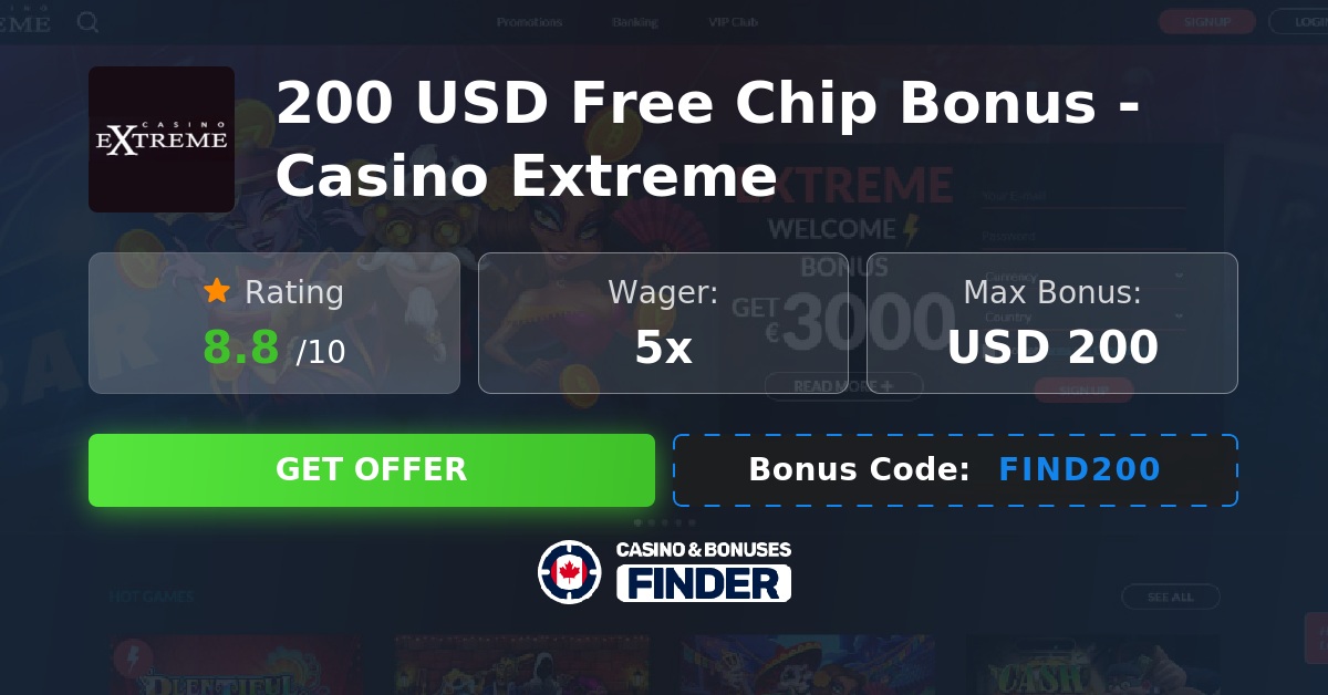 Visual representation of a $200 free chip offer at Extreme Casino showing bonus terms.